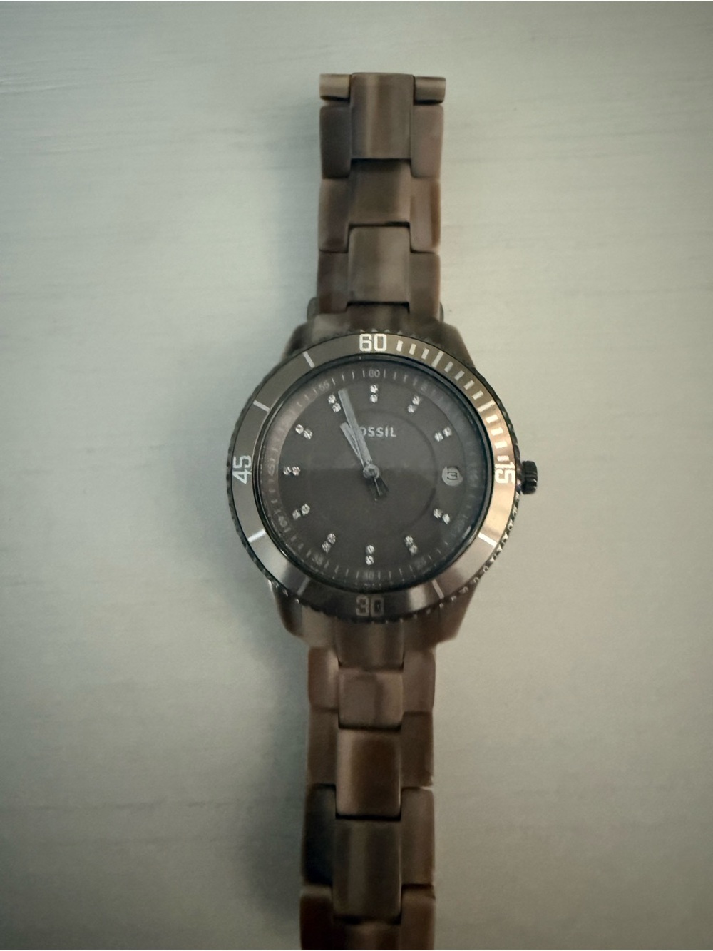 Women’s Fossil Brown Metal Link Watch with Dark Dial-NEEDS NEW BATTERY